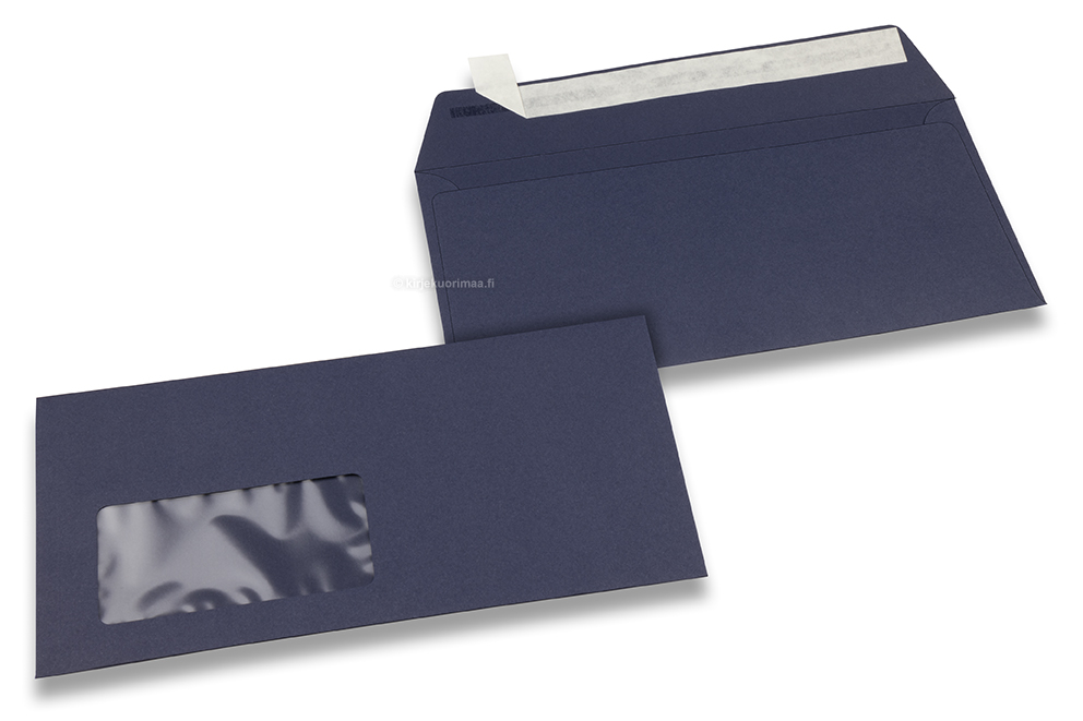 Värilliset paperi kirjekuoret ja ikkuna, tummansininen, 110 x 220 mm (DL), ikkuna vasemmalla, ikkunan koko 45 x 90 mm, ikkunan sijainti 20 mm vasemmalta / 15 mm alaosasta, tarrasuljenta, 120 g:n värillistä paperia