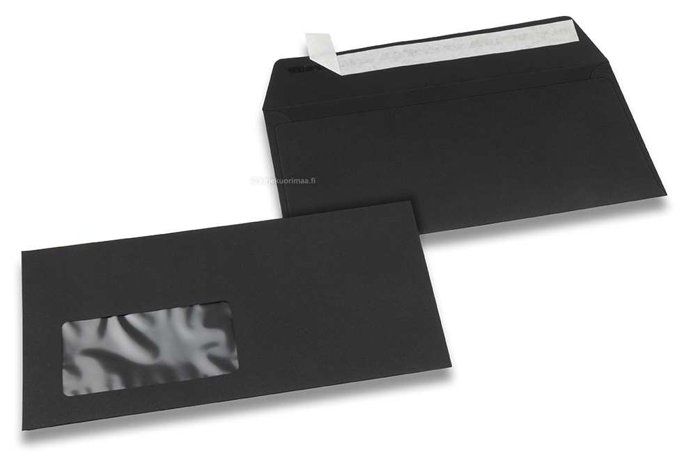Värilliset paperi kirjekuoret ja ikkuna, musta, 110 x 220 mm (DL), ikkuna vasemmalla, ikkunan koko 45 x 90 mm, ikkunan sijainti 20 mm vasemmalta / 15 mm alaosasta, tarrasuljenta, 120 g:n värillistä paperia