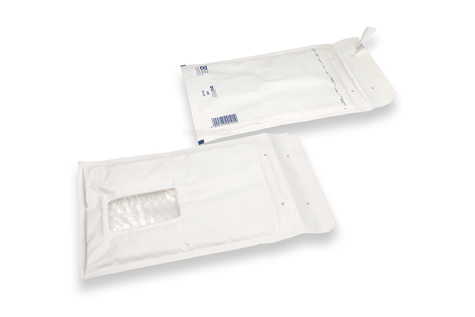 Kuplapussi ikkuna valkoinen - 175 x 265 mm,  vasemmalla ikkuna 55 x 90 mm; sijainti 30 mm vasemmalta ja 70 mm ylhäältä