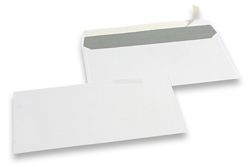 Valkoiset paperikirjekuoret, 110 x 220 mm (DL), 80 gramman, tarrasuljenta, paino n. 4 g.