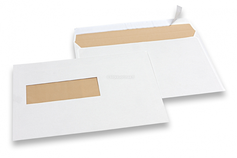 Ikkunalliset luonnonvalkoiset kirjekuoret, 156 x 220 mm (EA5), ikkuna vasemmalla 40 x 110 mm, ikkunan sijainti 20 mm vasemmalta ja 66 mm alhaalta, 90 gramman paperi, paino n. 7 g.